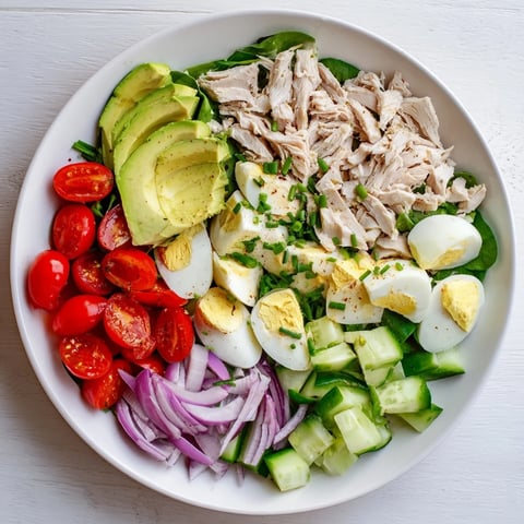 High-Protein Chicken and Egg Salad, topped with fresh avocado and chives, ready to eat.