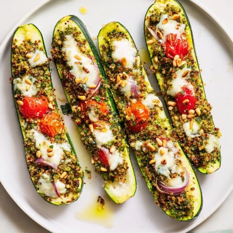 Golden, bubbly Cheesy Pesto Zucchini Boats, a vegetarian delight with fresh basil and melted mozzarella cheese.