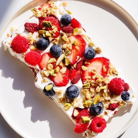 Colorful frozen fruit yogurt bark with mixed berries and granola, a refreshing treat.