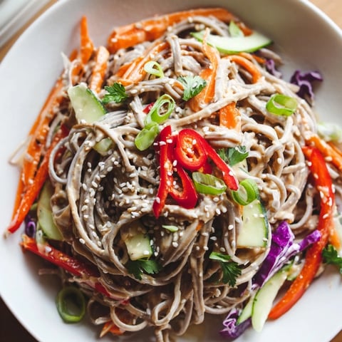 A vibrant, chilled soba noodle salad tossed with fresh vegetables and creamy peanut dressing.