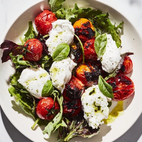 Vibrant Charred Tomato Salad with Burrata boasts blistered tomatoes alongside creamy, fresh burrata.