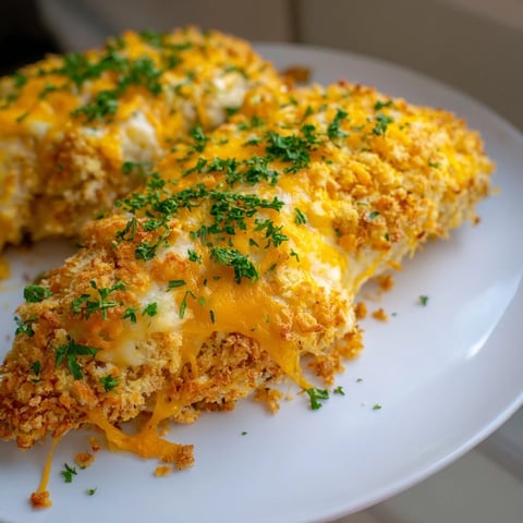 Golden, bubbly Cheesy Baked Chicken Breast with melted cheese and crispy breadcrumb topping, a perfect dinner.
