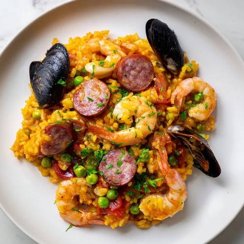 Fragrant saffron-infused Paella Spanish Rice with juicy shrimp and mussels, ready to serve.