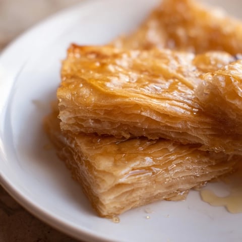 Golden-brown Moroccan Msemen pastry, flaky and crisp, ready to be drizzled with warm honey.