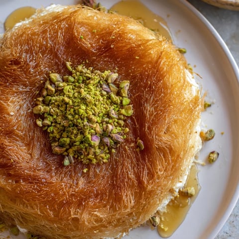 Golden-brown Lebanese Knafeh cheese dessert drizzled with sweet syrup and topped with pistachios.