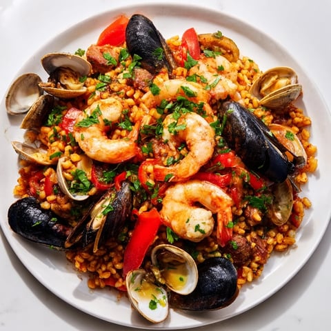 Golden saffron-infused rice with plump shellfish, a delicious Spanish Seafood Paella, sizzling in a pan.
