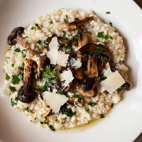 Steaming Italian mushroom risotto, creamy Arborio rice with earthy mushrooms, ready to serve with Parmesan.