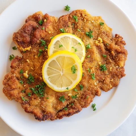 Golden-brown Austrian Wiener Schnitzel, perfectly fried and ready to be served with lemon wedges.