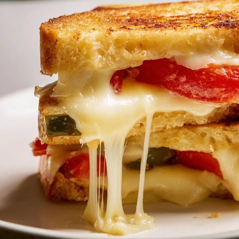 Melty Pepper Jack & Tomato Grilled Cheese on golden jalapeño-studded bread, served with a side of creamy tomato soup.