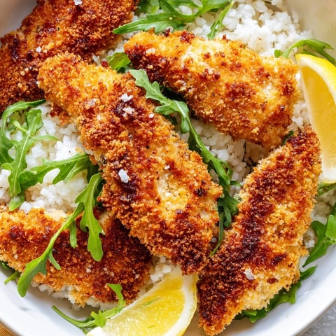 Golden, crispy Parmesan-breaded chicken cutlets rest on fluffy rice with fresh arugula and a lemon wedge in this Crispy Parmesan Chicken Cutlet Bowl.