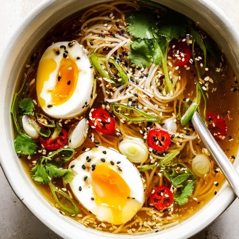 A comforting bowl of Shirataki Noodles With Broth topped with soft-boiled egg halves and fresh herbs.  