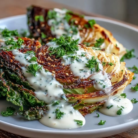 Golden roasted cabbage steaks drizzled with creamy tahini sauce.