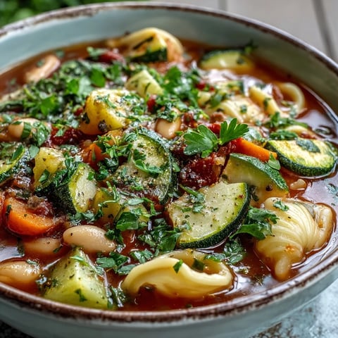 Hearty Vegetable Minestrone soup brimming with fresh diced carrots and zucchini, topped with grated Parmesan and fresh parsley.