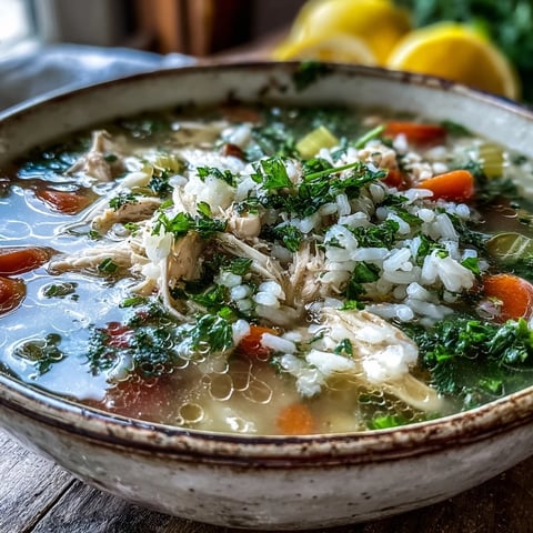 Steaming Cozy Winter Chicken and Rice Soup in a rustic bowl, featuring tender shredded chicken, carrots, and herbs.
