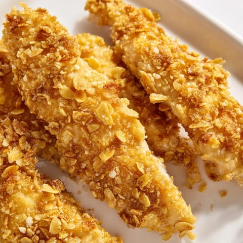 Close-up of juicy Crispy Baked Chicken Tenders with a crunchy coating, fresh from the oven.
