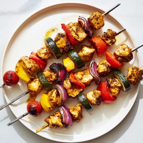 Tender chicken and colorful vegetables on Chicken and Veggie Skewers, ready for a healthy and easy dinner.
