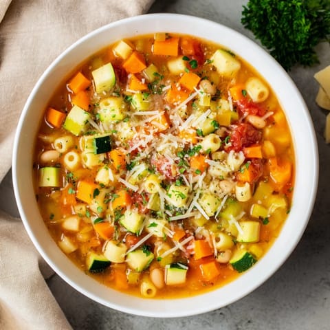 Hearty one-pot minestrone soup: brimming with pasta and garden-fresh vegetables, ready to eat.
