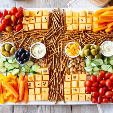See a delicious Urban Grid, a veggie-filled snack platter with cubed cheese and pretzel "streets".