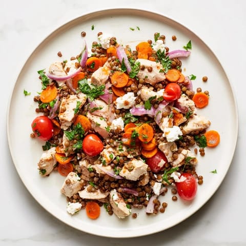 Savory Chicken and Lentil Recession Salad, a delicious and healthy combination ready for serving.
