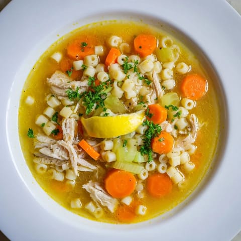 Hearty Chicken and Ditalini Flu Fighter Soup with tender chicken, vegetables, and small pasta shapes.