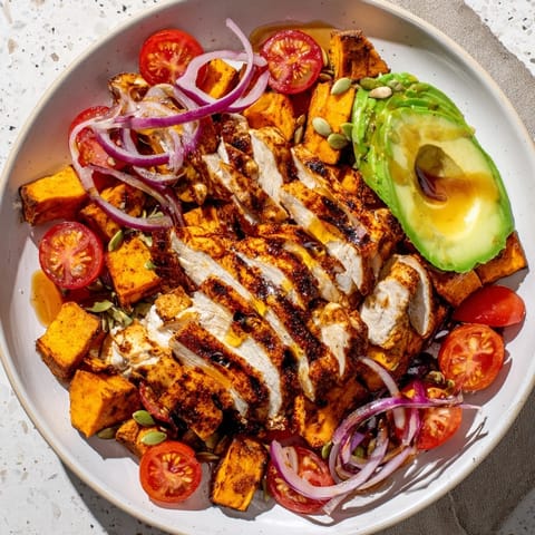 Golden roasted sweet potatoes and creamy avocado top a colorful Avocado and Sweet Potato Chicken Bowl.