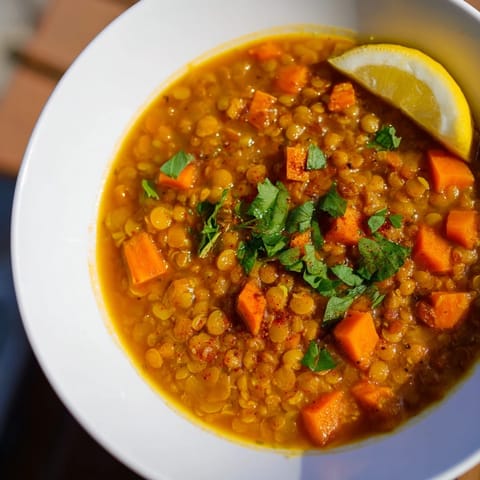 Hearty Spiced Carrot Lentil Soup, boasting tender carrots and lentils, offering warmth and aromatic spices.