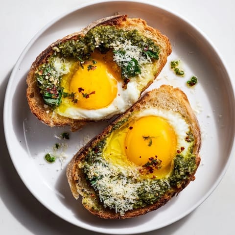 Golden toasted bread topped with fresh pesto and sliced eggs for a delicious Pesto Egg Toast brunch.