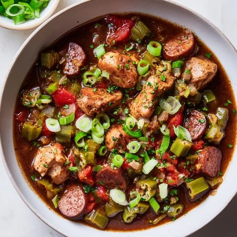 Rustic close-up of a flavorful Gumbo Okra Soup, highlighting the rich, dark roux and fresh okra.