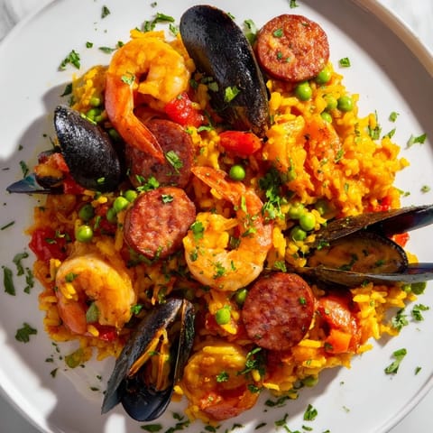 A close-up of a steaming pan of Paella Spanish Rice, full of vibrant seafood and colorful peppers.