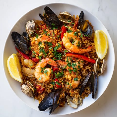 Close-up of a steaming Spanish Seafood Paella, revealing tender shrimp, mussels, and vibrant bell peppers.