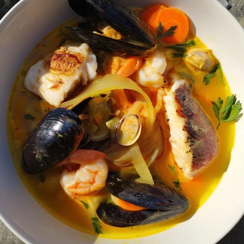 Steaming, aromatic Bouillabaisse – Provençal Fish Stew, a vibrant medley of fresh seafood and vegetables.