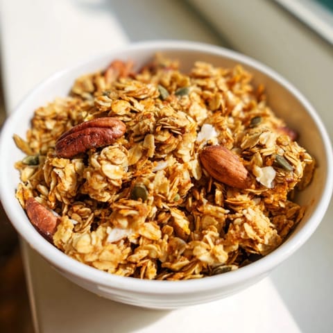 Homemade granola clusters baked with rolled oats, chopped nuts, and cinnamon, served as a hearty breakfast bowl.