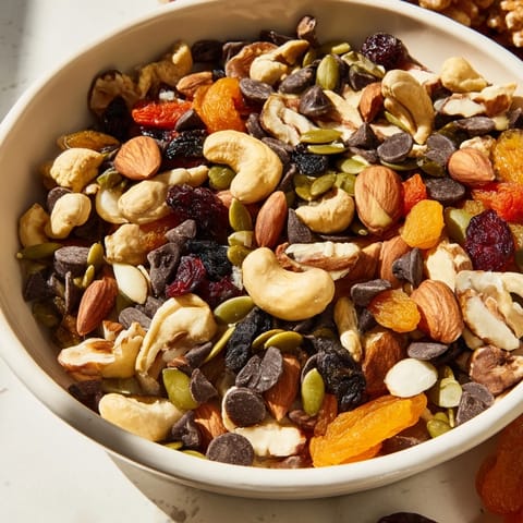 A close-up of the Trail Mix Custom snack blend, featuring almonds, cashews, and walnuts mixed with dried cranberries, apricots, and dark chocolate chips in a rustic white bowl.