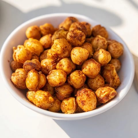 Healthy Crispy Chickpea Snack roasted with garlic and spices, perfect for topping a fresh kale salad.