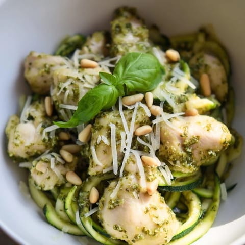 Gluten-free pesto zucchini chicken bowl topped with toasted pine nuts and Parmesan, served in white ceramic bowls.  