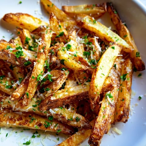 Heaping plate of homemade Truffle Parmesan Fries garnished with fresh parsley, showcasing a decadent and savory side dish for dinner.