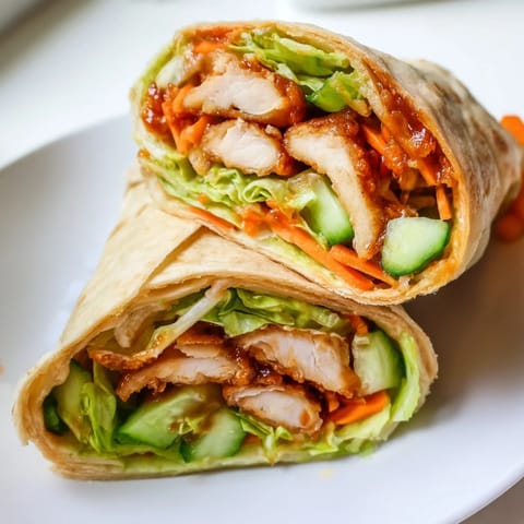 A handheld Honey Chili Crunch Chicken Wrap sliced in half to reveal the juicy, sauce-coated chicken and crunchy vegetable filling inside.
