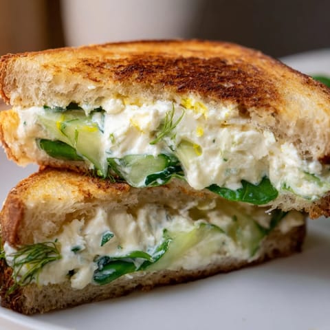 Fresh whipped feta grilled cheese on sourdough, melted and creamy inside with crisp, buttery bread for a tangy spring bite.