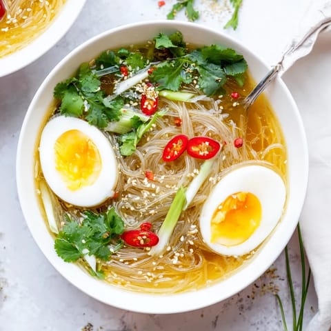 Warm, aromatic Shirataki Noodles With Broth simmered with ginger and garlic for a light meal.  