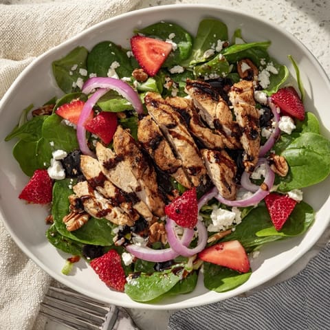 Fresh strawberries, creamy feta, and toasted pecans top crisp greens beside juicy grilled chicken.  