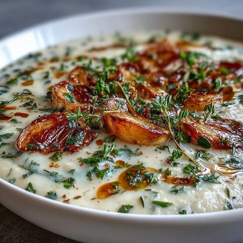 A warm bowl of Roasted Garlic and Herb Soup garnished with fresh chives, paired with crusty bread for dipping.