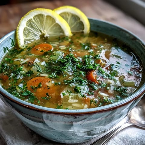 Bright yellow Lemon Herb Soup simmering in a pot with fresh dill and parsley on top.
