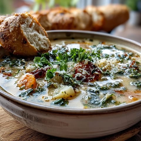 Close-up of creamy Parmesan Veggie Soup served with crusty bread, highlighting melted cheese and vibrant diced vegetables.
