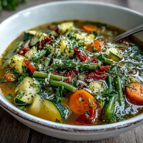 Creamy Italian Herb Vegetable Soup served steaming hot with crusty bread, ideal for a light vegetarian meal.