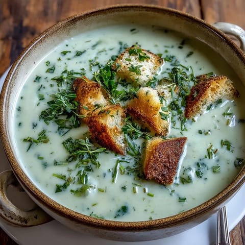 Steaming Garlic and Herb Soup blended smooth, showcasing mellow garlic and fresh thyme flavors in a rustic white bowl.