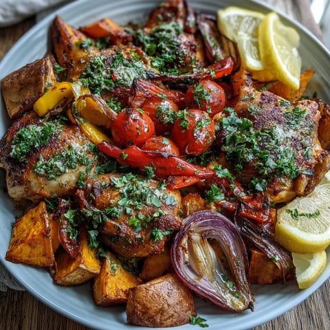 Golden roasted Chicken and Sweet Potato Traybake fresh from the oven, with juicy thighs, tender veggies, and lemon wedges on a rustic sheet pan.