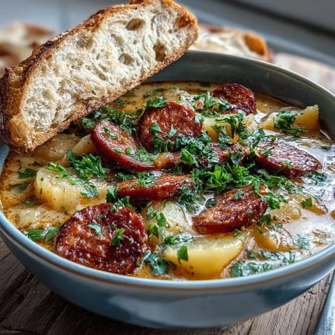 Hearty Potato, Leek and Chorizo Soup served with a slice of crusty bread for dipping. 