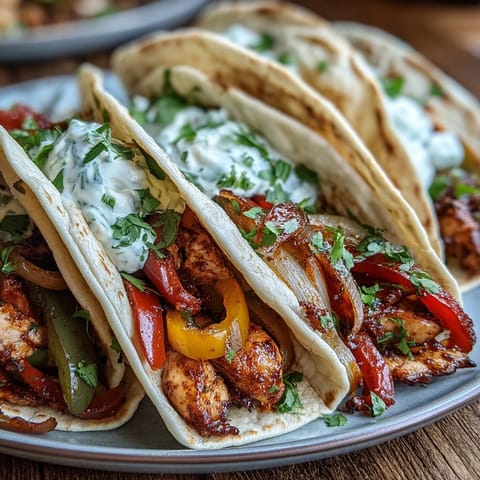 A skillet of Easy Chicken Fajitas featuring tender chicken and sautéed onions, garnished with fresh cilantro.