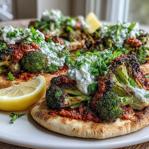 A vibrant vegetarian dinner plate featuring harissa broccoli on flatbreads, with a lemon wedge squeezed over top.