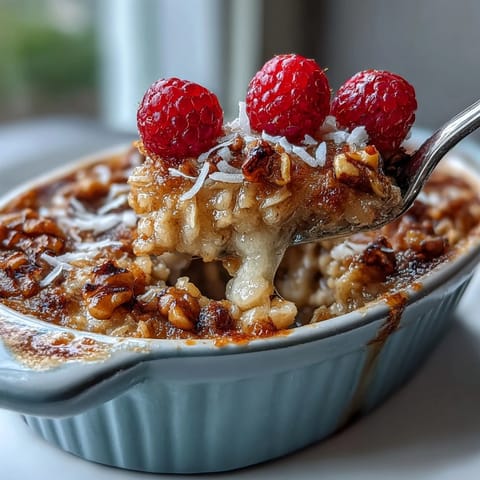Freshly baked Baked Oatmeal with Raspberry and Coconut served warm in a rustic ceramic dish.